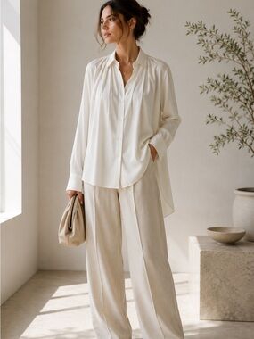 Matériel Tbilisi Silk Charmeuse Pleated Button Front Blouse Cream Oversized